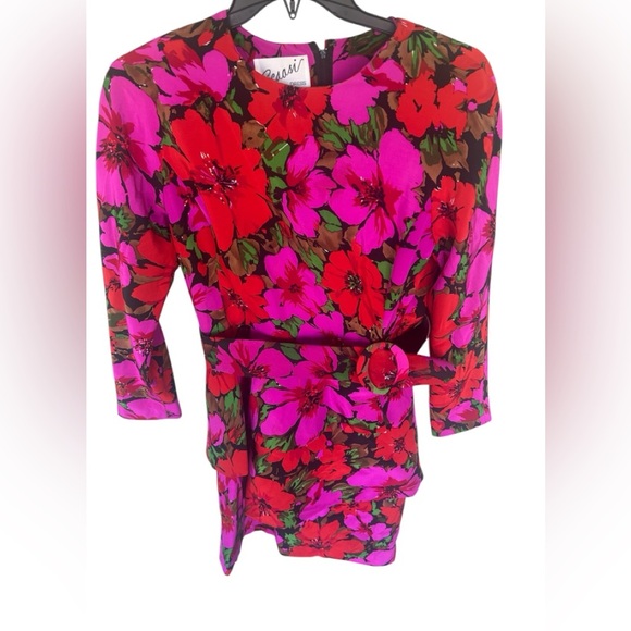 Scaasi Dresses & Skirts - Scaasi Vintage Pink Floral Long Sleeve Layered 100% Silk Mini Dress Size 12 Belt